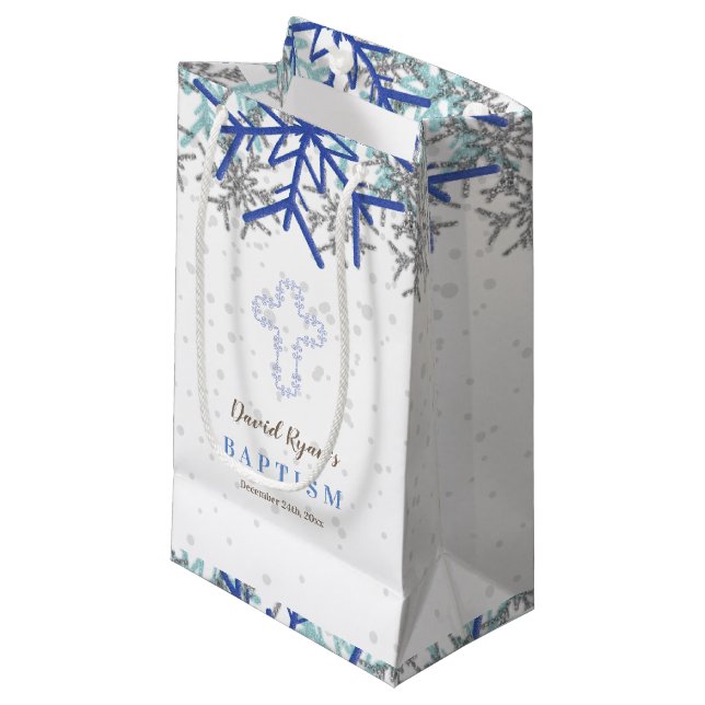 Winter Silver Navy Blue Snowflake Baptism Invite Small Gift Bag (Front Angled)