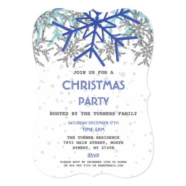 Winter Silver Navy Blue Snowflake CHRISTMAS Party Invitation