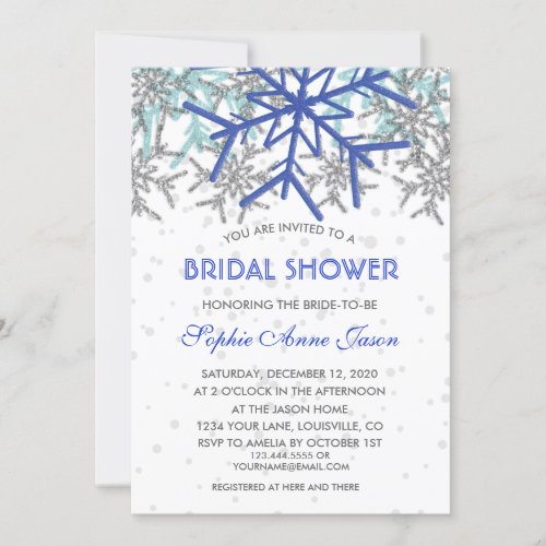 Winter Silver Navy Blue Snowflakes Bridal Shower Invitation