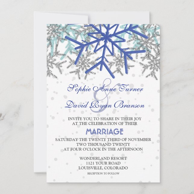 Winter Silver Navy Blue Snowflakes Wedding Invitation (Front)