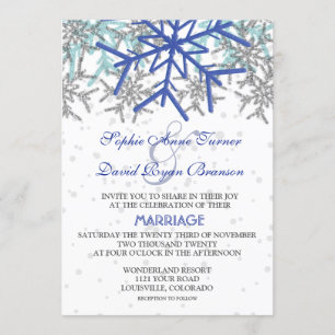 Winter Silver Navy Blue Snowflakes Wedding Invitation