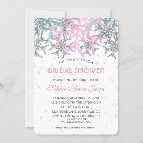 Winter Silver Pink Blue Snowflakes Bridal Shower Invitation