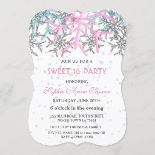 Winter Silver Pink Blue Snowflakes SWEET 16 Invitation