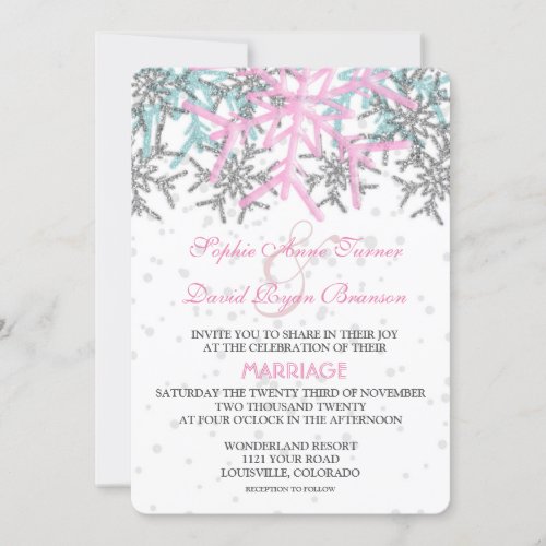 Winter Silver Pink Blue Snowflakes Wedding Invitation