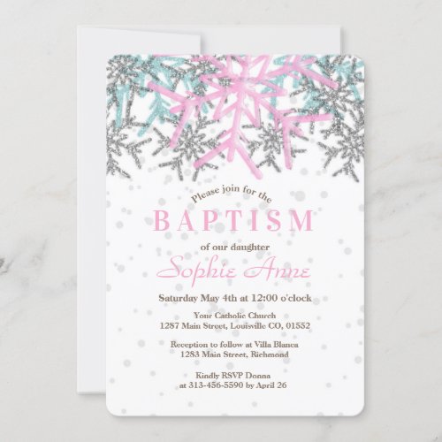 Winter Silver Pink Snowflake Baptism Invite