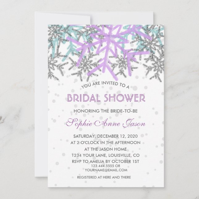 Winter Silver Purple Blue Snowflakes Wedding Invitation (Front)