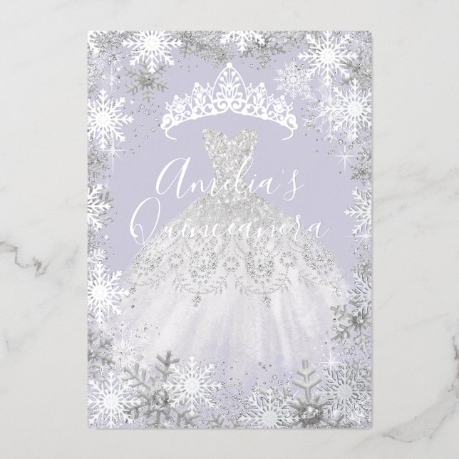 Winter Silver Purple Snowflake Quinceanera Foil Invitation (Front)