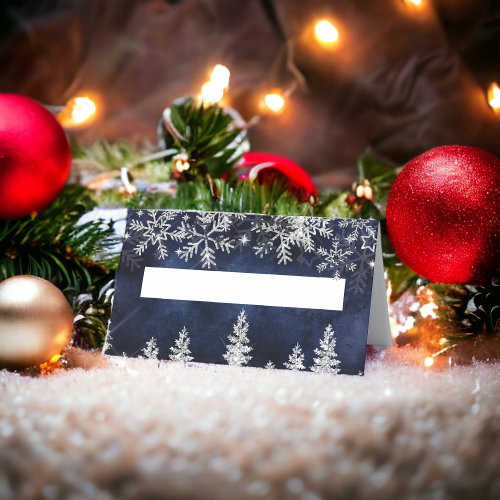 Winter silver snow pine navy corporate Christmas Place Card