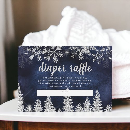 Winter silver snow pine navy diaper raffle baby enclosure card