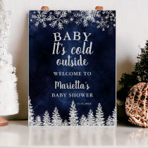 Winter silver snow pine navy welcome baby shower poster
