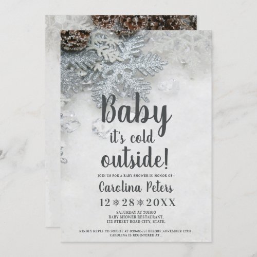 Winter silver snow typography baby shower invitation