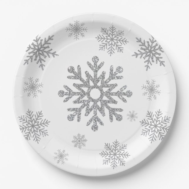 Winter Silver Snowflake Paper Plates (Front)