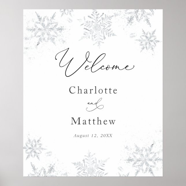 Winter Silver Snowflake Wedding Welcome Sign (Front)