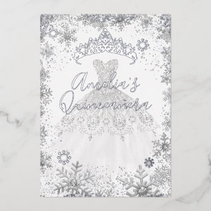 Winter Silver Snowflake White Quinceanera Foil Invitation