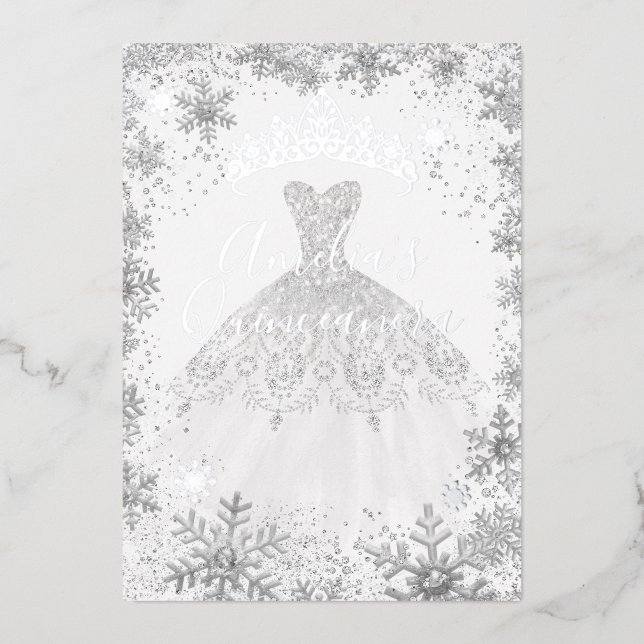 Winter Silver Snowflake White Quinceanera Foil Invitation (Front)