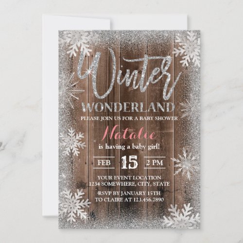 Winter Silver Snowflakes Barn Wood Baby Shower Invitation