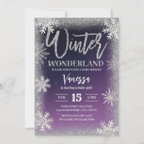 Winter Silver Snowflakes Purple Baby Shower Invitation