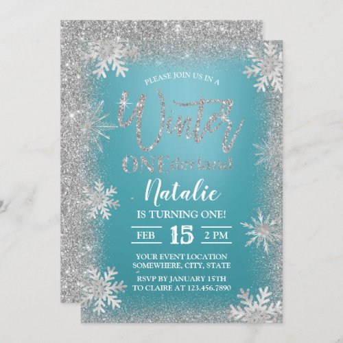 Winter Silver Snowflakes Turquoise 1st Birthday Invitation