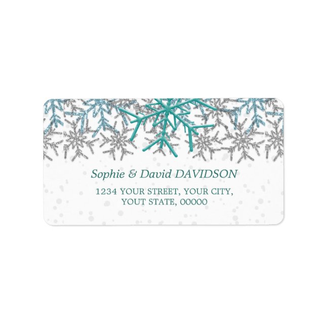 Winter Silver Turquoise Snowflakes Wedding Label (Front)