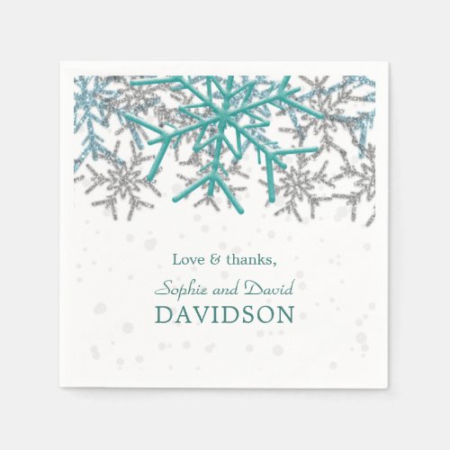 Winter Silver Turquoise Snowflakes Wedding Napkins