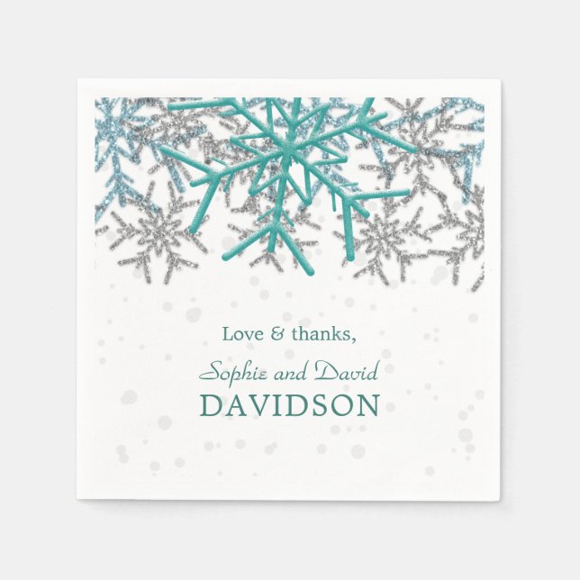 Winter Silver Turquoise Snowflakes Wedding Napkins (Front)