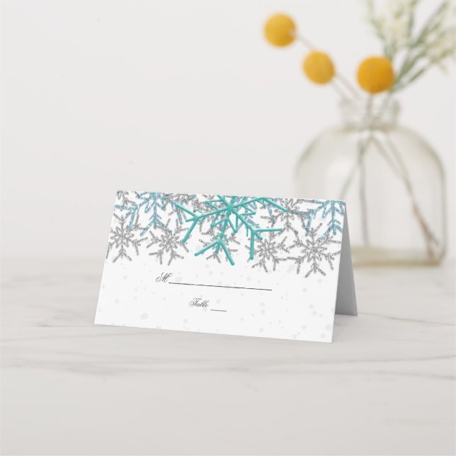 Winter Silver Turquoise Snowflakes Wedding Place Card (Front)