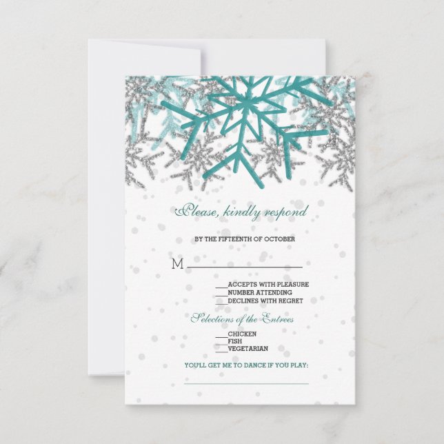 Winter Silver Turquoise Snowflakes Wedding RSVP Card (Front)