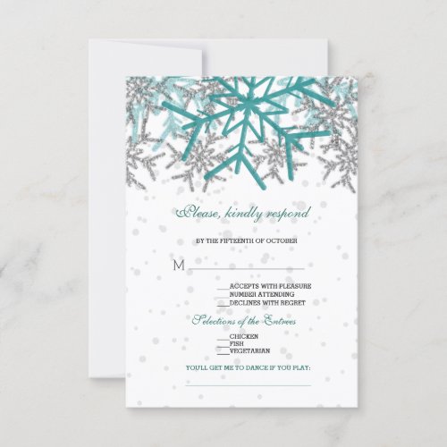 Winter Silver Turquoise Snowflakes Wedding RSVP Card