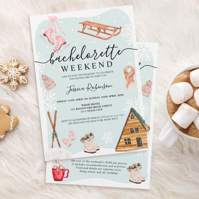 Winter ski bachelorette party weekend illustration invitation (Creator Uploaded)