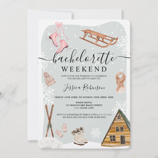 Winter ski bachelorette party weekend illustration invitation (Front)