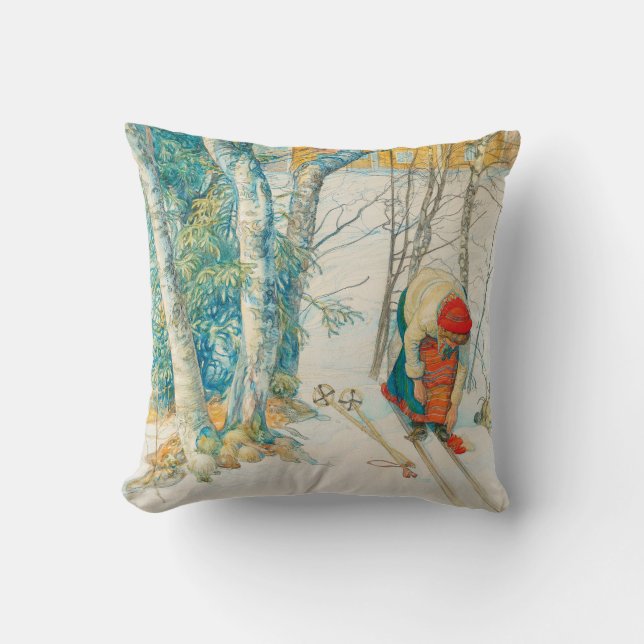 Winter Ski by Carl Larsson Throw Pillow (Front)