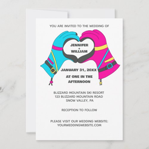 Winter Ski Gloves Hands in Heart Shape Wedding Invitation