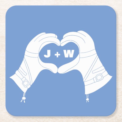 Winter Ski Gloves Hands in Heart Shape Wedding Square Paper Coaster