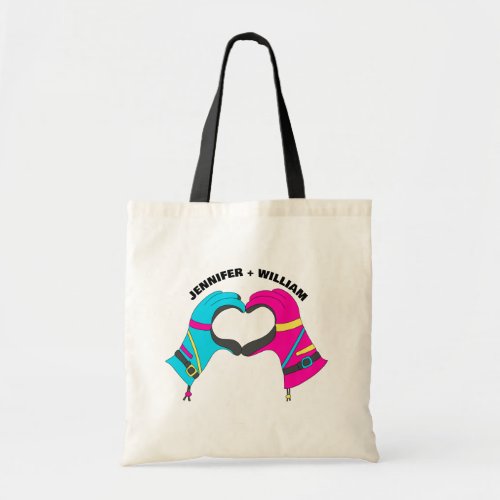 Winter Ski Gloves Hands in Heart Shape with Names Tote Bag
