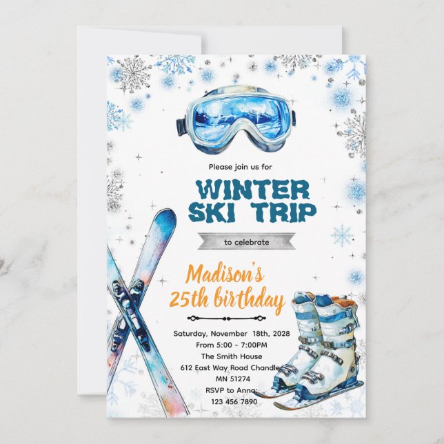 Winter ski party theme invitation (Front)