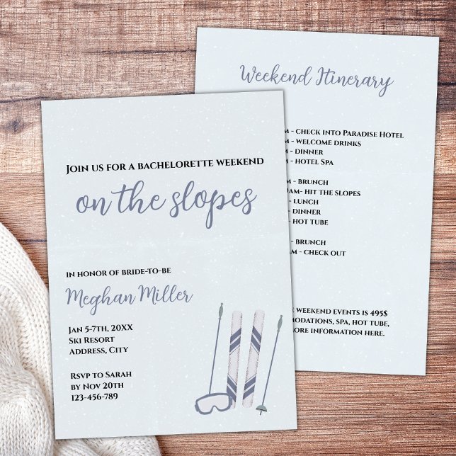 Winter Ski Snow Bachelorette Weekend Itinerary Invitation (Winter bachelorette On the slopes snow bachelorette weekend itinerary)