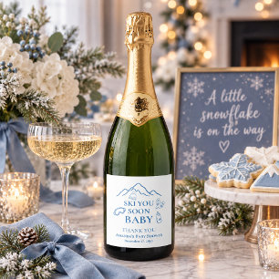 Winter Ski You Soon Blue Boy Baby Shower Sparkling Wine Label