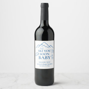 Winter Ski You Soon Blue Boy Baby Shower Wine Label