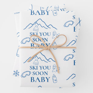 Winter Ski You Soon Blue Boy Baby Shower Wrapping Paper Sheets