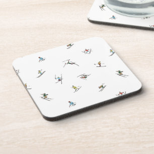 Winter Skiers In Action Pattern Beverage Coaster