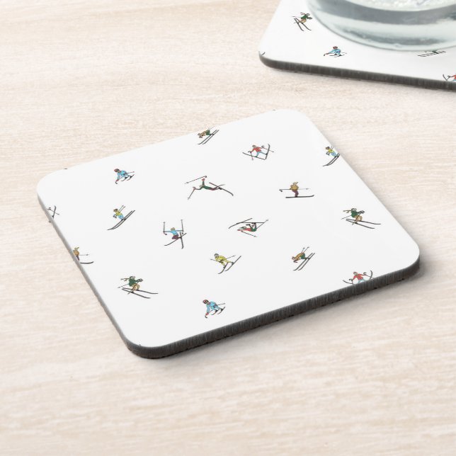 Winter Skiers In Action Pattern Beverage Coaster (Left Side)