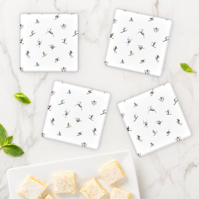 Winter Skiers In Action Pattern Coaster Set (In Situ)