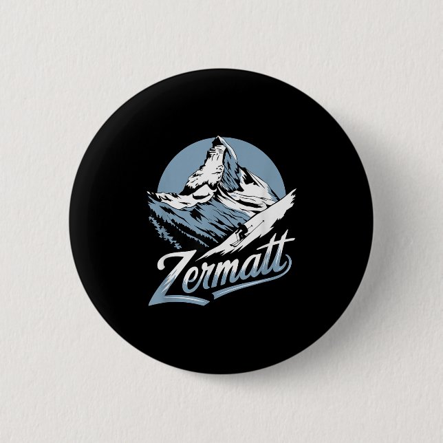 Winter Skiing Adventure, Zermatt Mountain Ski Fun  Button (Front)