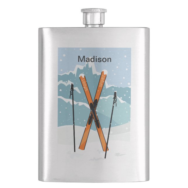 Winter Skiing custom name flask (Front)