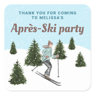 Winter Skiing Girl Après-Ski Birthday Thank You Square Sticker