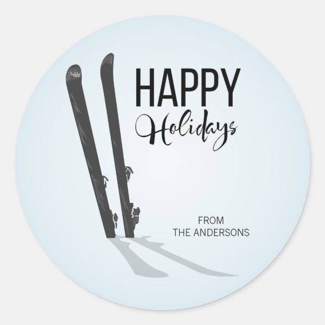 Winter Skiing Happy Holidays Round Stickers (Front)