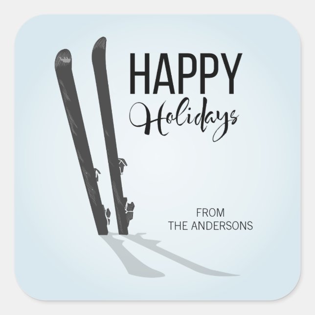 Winter Skiing Happy Holidays Square Stickers (Front)