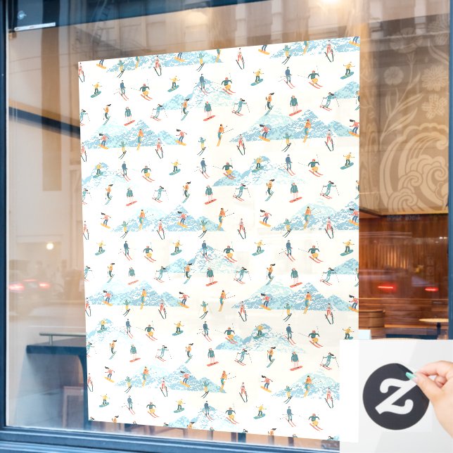 Winter Skiing Snow Mountains Pattern Ski Shop Larg Window Cling (Cafe Window)