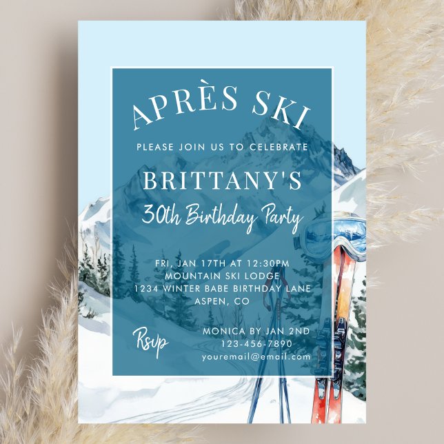 Winter Skiing Watercolor Apres Ski Birthday Party Invitation (Creator Uploaded)