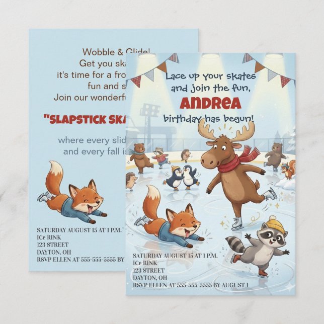 Winter Slapstick Ice Skating Birthday Invitation (Front/Back)